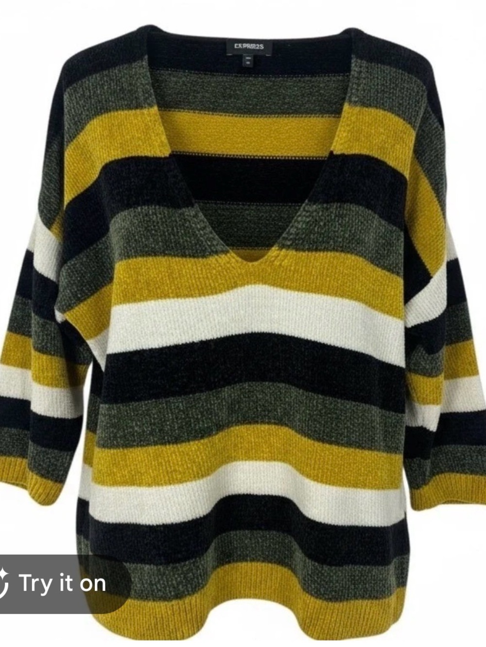 Express Striped V-Neck Sweater in Mustard, Black & Olive